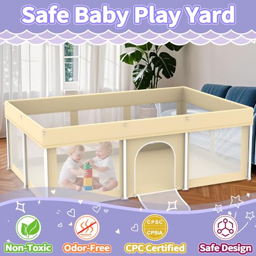 Image of Foldable Playpen for Babies and Toddlers,50 inchx71 inch Collapsible Play Pen with 100 Ball Pit Balls, Portable Indoor & Outdoor Play Yard, Baby Fence with Carry Bag, Mat Not Include, Beige