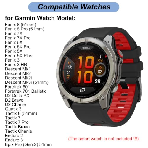 26mm QuickFit Watch Band for Garmin Fenix 8 51mm/7X/6X/5X (Pro/Plus)/Fenix 3 HR, Descent Mk2i Mk2, Tactix 8 7, Enduro 2 3, Epix Pro Gen 2 (51mm) - Silicone Bands Easy Fit Strap for Garmin Watch (Black/Red) by Emilydeals - Used condition - Image 2
