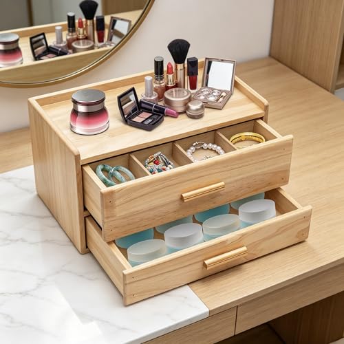 Vintage Tabletop Organizer with Drawers -Display Cabinet for Desk - Wooden Desktop Storage Box Organizing Medicine Makeup Jewelry Sewing Craft Skincare-Wood Color