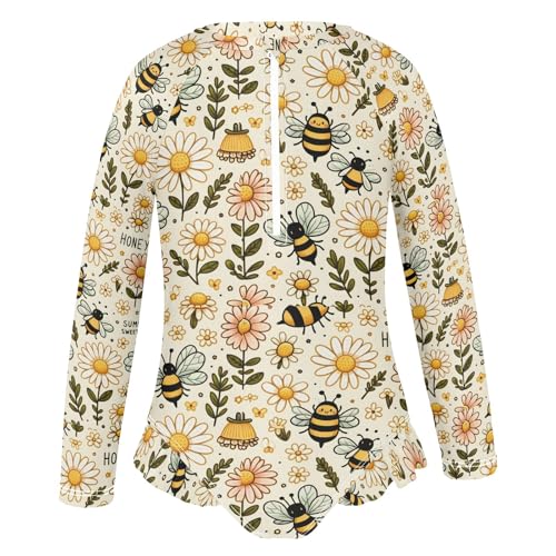 Cute Bee Honey Flower Girls Long Sleeve Swimsuit Rash Guard One Piece Bathing Suits Zipper 3-12T2