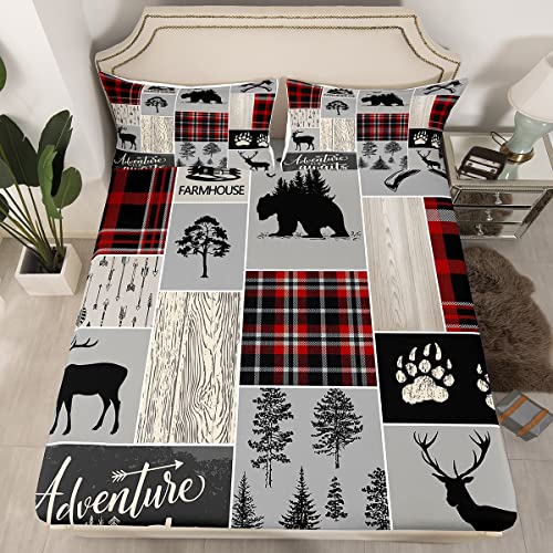Rustic Patchwork Sheet Set Full,Retro Cabin Fitted Sheet For Kids Boys Teens Adult Bedroom,Woodland Bear Deer Bed Sheets Hunting Moose Wild Animal Flat Sheet Farmhouse Decorations, Grey Black Red #TOP1
