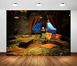 BELECO 9x6ft Fabric Arabian Moroccan Palace Backdrop Arabian Night Party, Oriental Chamber with Pillows and Curtains, Starry Window Background Arabian Party Decorations Islam Decor Photoshoot Prop