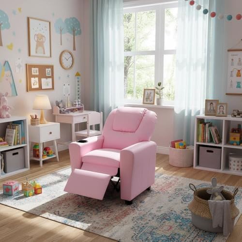 Image of Furnifact Marisa Pink PU Leather Youth Recliner with Cupholder for Kids 142 inch Seat Height 14 inch Width 106 inch Depth Bright and Fun for a Warm Lifestyle
