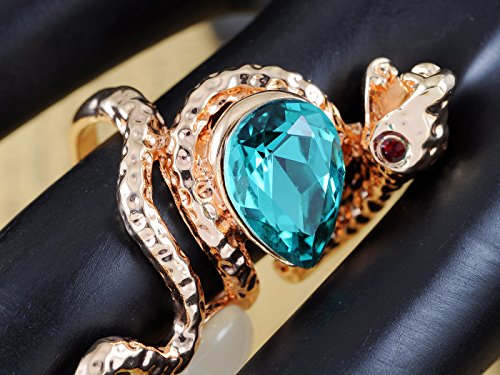 Image of Alilang Rose Golden Tone Blue Teardrop Rhinestone Enhanced Slither Snake Statement Ring