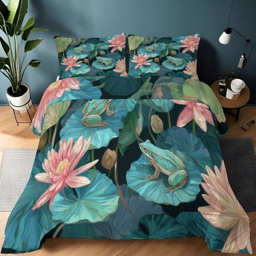 Quixora Paisaje acuático Rana nenúfares Edredón 220x240 cm, Transpirable y Supersuave, 4 Estaciones, con 2 Fundas de Almohada, para Cama Matrimonial, 400 g/m²