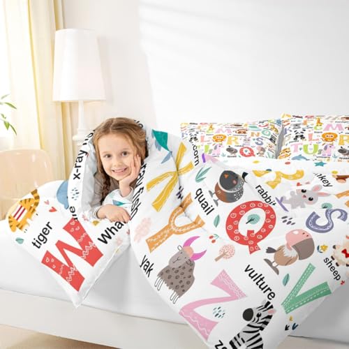 Image of Feelyou ABC Alphabet Comforter Queen Size for Boys Girls, Cartoon Animal Comforter Set Cute Educational Learning Tool Bedding Set Learning Educational Duvet Set Microfiber Bed Set