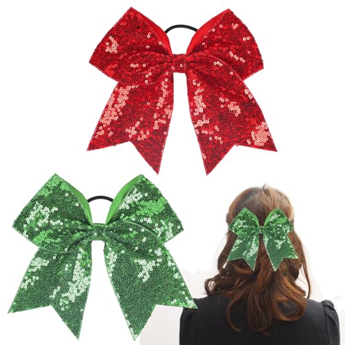 Jumbo Cheerleading Red Hair Bow with Ponytail Holder - 2Pcs 7inch Glitter Sequins Green Red Cheer Bow Scrunchies Christmas Bow Hair Ties Christmas Hair Accessories for Toddlers Teen Girls Gifts