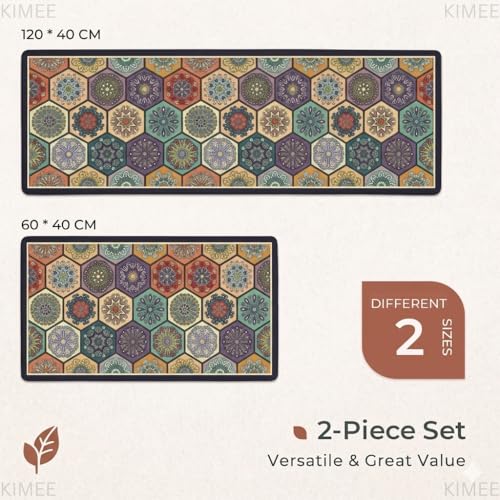 Image of VANZAVANZU KIMEE 2 Pcs Kitchen Mat Set - Non-Slip Water Absorbent Floor Mats for Kitchen & Sink Runner - Soft Cushioned Rugs with Vintage Tile Print Design (120x40 cm + 40x60 cm)