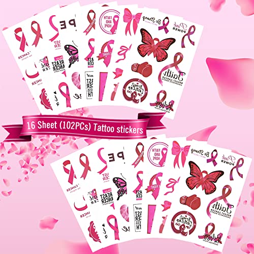 102Pcs Pink Ribbon Tattoos Women Breast Cancer Awareness Temporary Tattoos Breast Cancer Awareness Party Supplies #TOP2