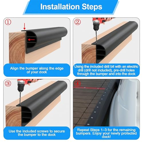 FUQUN P-Profile Dock Bumpers, 2 Separate 1.4 ft Sections, 2.8 ft Heavy-Wall EPDM Rubber Fender for Straight & Side Protection, Dock Edging Bumper with 304 Stainless Steel Screws & Drill Bit, Black by FUQUN - Image 7