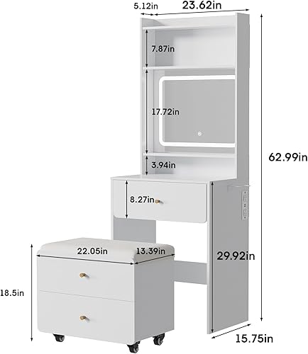 Miniatura 6 de Vabches Escritorio de tocador de maquillaje con espejo y luces, juego de mesa de tocador blanca con estación de carga, tocador pequeño para niñas y
