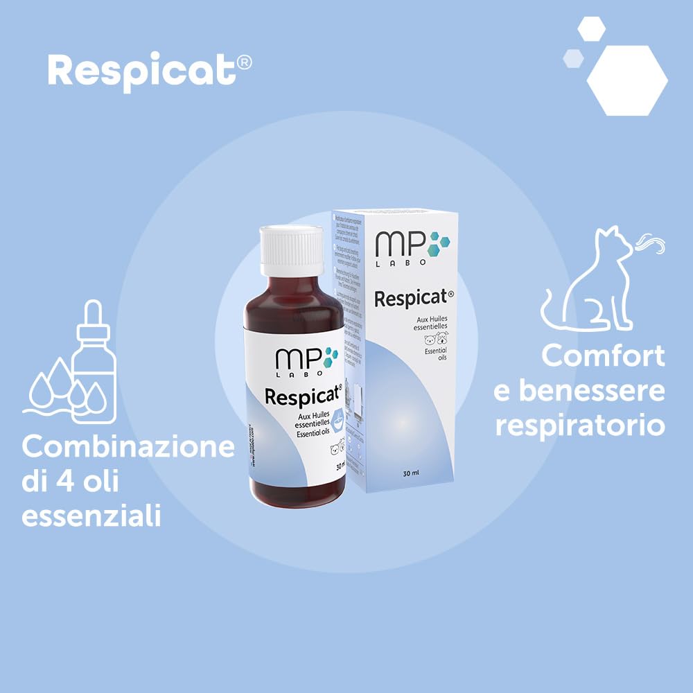 MP Labo Respicat® 30 ml - con Oli Essenziali - Modificatore dell'ambiente respiratorio nell'habitat degli Animali Domestici - Cani e Gatti