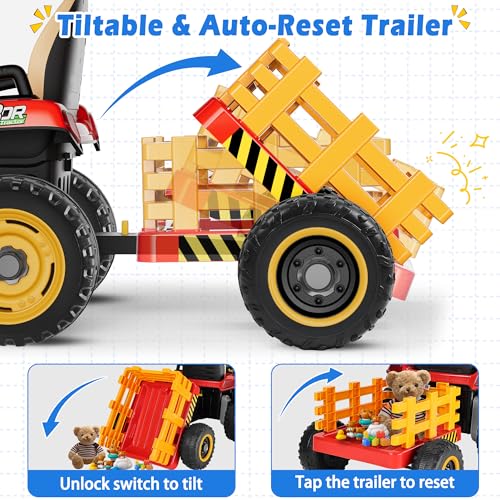 Image of ARBELI 24V Ride On Tractor w /2.4G Remote Control, Tiltable Trailer, Red