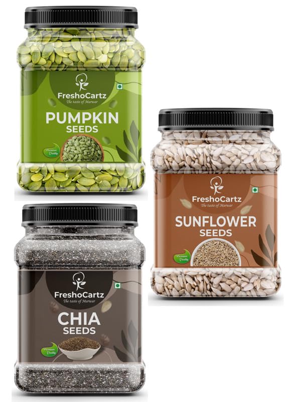 FreshoCartz Seeds Combo Pack – Pumpkin, Sunflower, Chia Seed | High Protein, Omega-3 Rich Superfood Mix | Healthy Snack & Smoothie Booster Combo Pack 3-3KG (1kg×3 Jar)