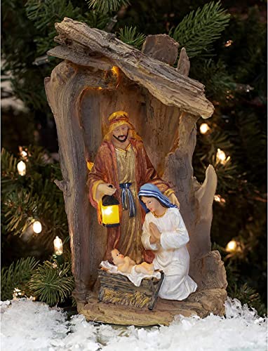 Three Kings Gifts, LED Light-up Driftwood Creche, Holy Family, Joseph, Mary and Jesus, 14 x 8.5 Polystone Nativity Scene, Home Decorating Christmas Table Top One-Piece Figurine