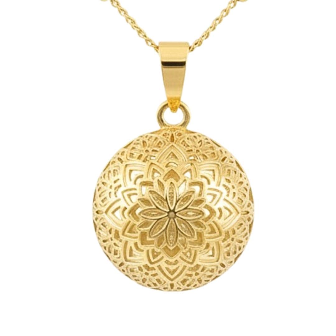 Bola de grossesse fleur de vie - Bola grossesse fleur - Collier bola grossesse or doré 18 carats et chaine bola en acier inoxydable maille satellite - Bola grossesse mandala or - Cadeau femme enceinte