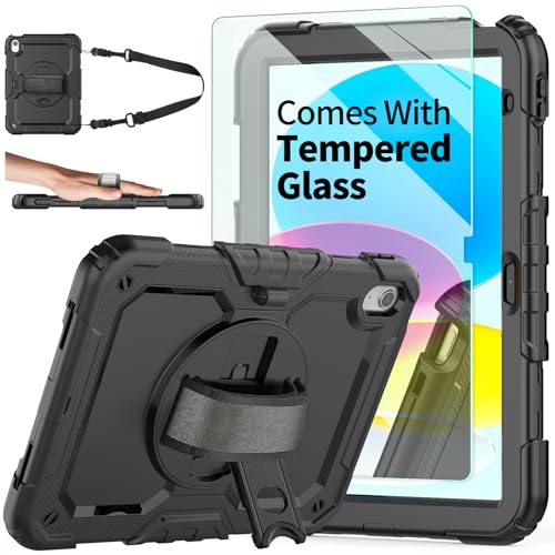 Ambison Case for iPad (A16) 11th/10th Generation 11/10.9 2025/2022 [Kid Proof] Full Body Protective Case with 9H Tempered Glass Screen Protector 360 Rotatable Kickstand & Hand Strap (Black)