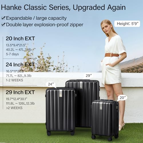 Image of Hanke Expandable Hard Shell Luggage Sets 2 piece Carry on Luggage with Wheels Suitcases Lightweight Checked Travel Luggage Rolling Large Suitcase Travel Luggage Bag Woman Men 20 /29 Inch(Jet Black)