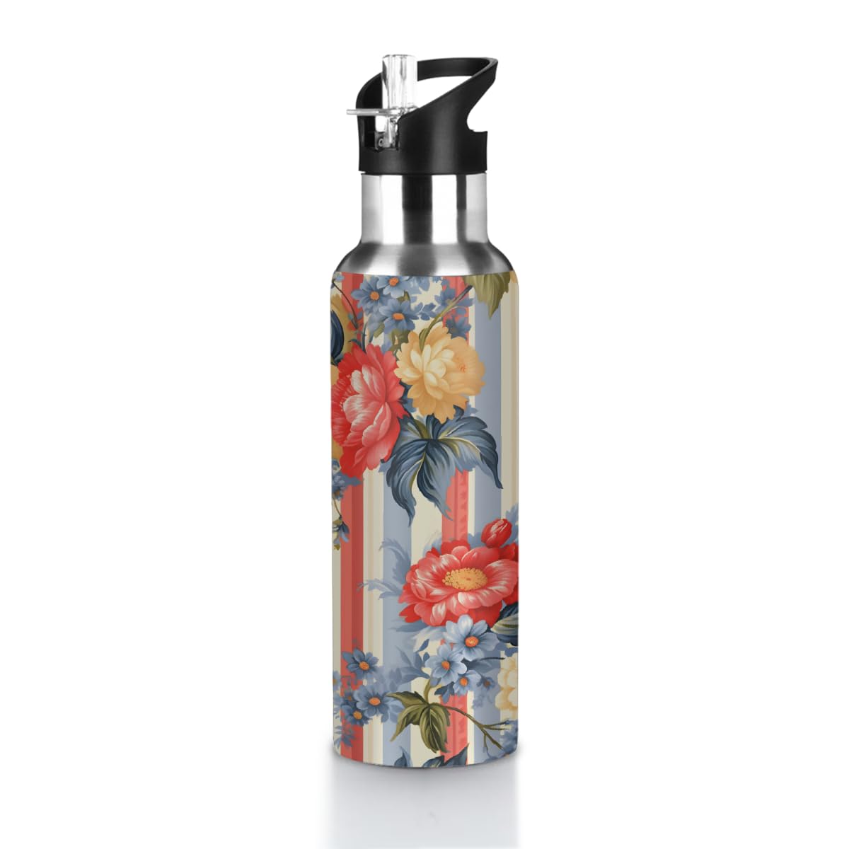 VQUVQV Insulated Water Bottles with Straw Lid, Floral On Stripe Pattern Stainless Steel Drinks Bottle Leakproof Vacuum Flask for Running, Sports, Gym, Travel, 600ml