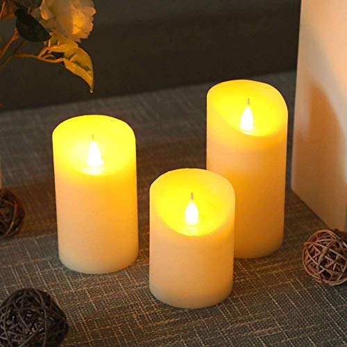 JHY DESIGN Set of 3 Real Wax Flameless Candles 3D Effect LED Candles Flickering Battery Candles with 8-Key Remote Control Timer for Home Wedding Party Kitchen(Pivoted Flame-Shaped Tip)