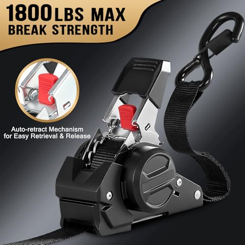 Image of 6FT Retractable Ratchet Straps(2-Pack) - 1 Inch (1800 LB Break Strength) Heavy Duty Self Retracting Ratchet Straps with Soft Loops & Storage Bag for Household, Motorcycle, Truck, ATV(Black)