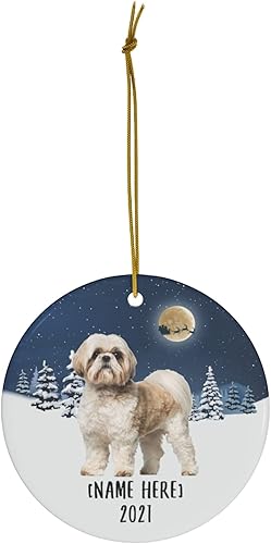 Miniatura 2 de Adornos de perro Shih Tzu de oro blanco para árbol de Navidad 2023, regalos personalizados con nombre, decoraciones de Nochevieja 2024, círculo