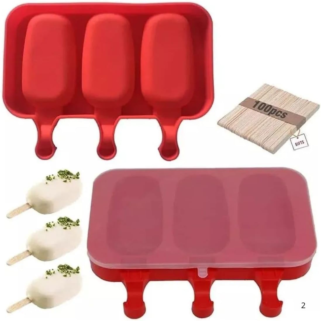 Kit 2 Formas Sorvete Picole Caseiro Silicone Com 3 Cavidades Tampa 100 palitos