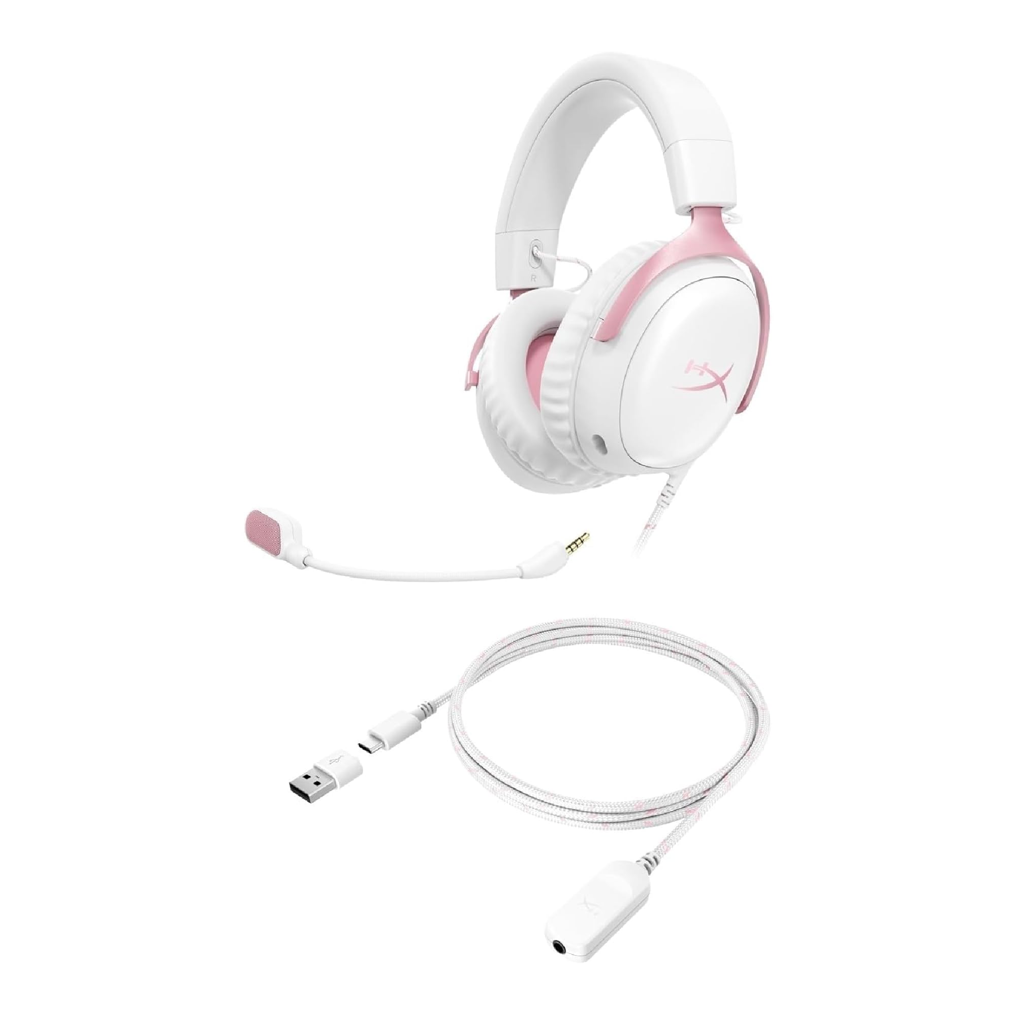 HyperX Cloud III - Auriculares Gaming con Cable, PC, PS5, Xbox, Drivers 53 mm, DTS, Marco Resistente, micrófono 10mm, USB-C, USB-A, Blanco-Rosa