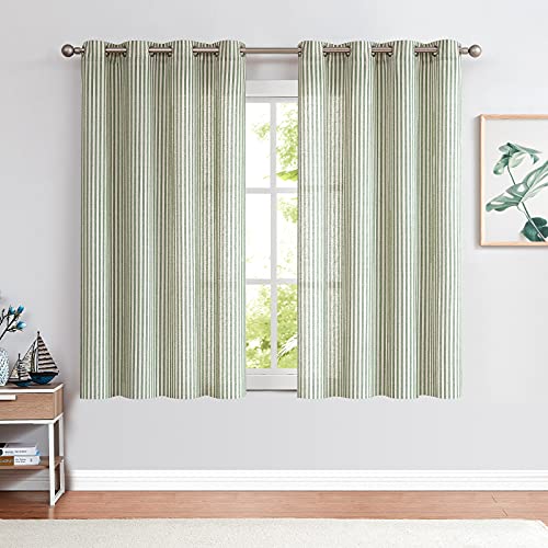 Collact Linen Curtains For Living Room Pinstripe Pattern Farmhouse Curtain Rustic Grommet Drapes Light Filtering Green Ticking Striped Window Curtains For Bedroom 2 Panels 63 Inch Length Sage On Beige #TOP1