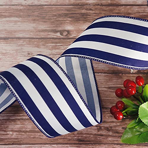 Ct Craft Llc White With Blue Stripe Wired Ribbon - 2.5" X 50 Yards For Christmas Home Decor, Gift Wrapping, Bow Making, Wreath, Diy Crafts #TOP5