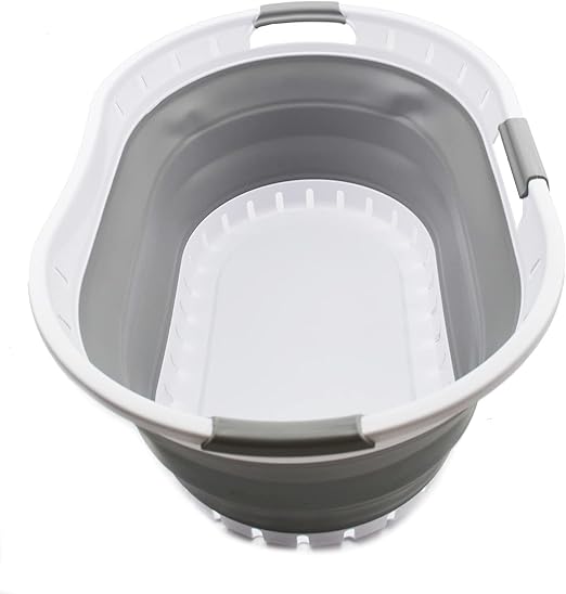 SAMMART 44L Collapsible Plastic Laundry Basket - Foldable Pop Up Storage Container/Organizer - Space Saving Hamper/Basket (1, White/Grey)