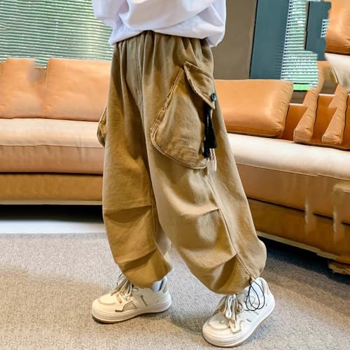 Boys Baggy Cargo Pants Casual Loose Fit Parachute Pant Fashion Harem Joggers Sweatpants with Pockets 11-12 Years 19 Khaki2