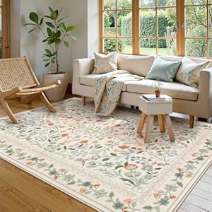 Lahome Floral Area Rug 5×7, Washable Soft Kids Room Nursery Rug Non Slip Ultra-Thin Carpet for Bedroom, Vintage Botanical Print Carpet for Playroom Classroom Living Room, Beige