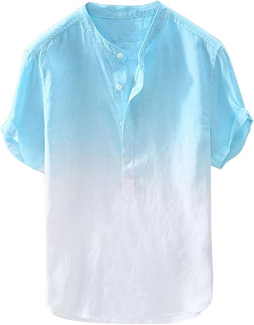 Mens Baggy Gradient Color Henley T Shirt Short Sleeve Casual Lightweight Collarless Grandad Button Shirts Breathable Summer Lounge Tops Blouse Light Blue 3XL