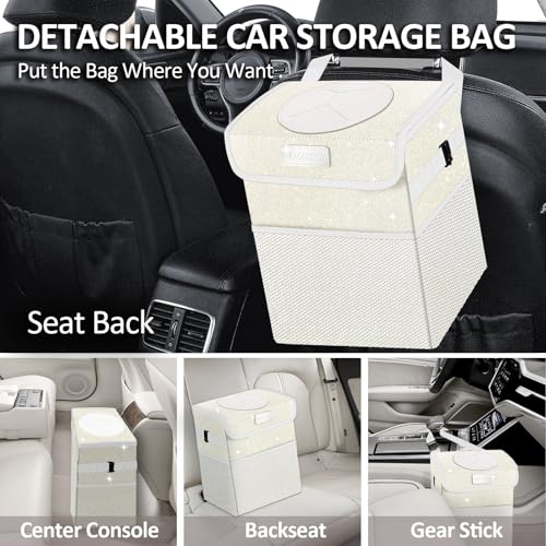 Image of Cute Mini Car Trash Bag with Lid, Glitter Garbage Can Bin Hanging for Back /Front Seat /Console, Waterproof, Leakproof, 2.5 Gallon, Beige Cream Bling Sparkly