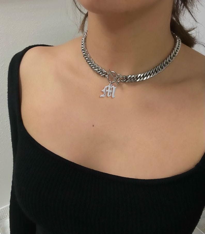 Chunky Old English Initial Choker Necklaces for Women Retro Letter Charm Curb Chain Statement Necklace for Men Unisex 15” - Image 7