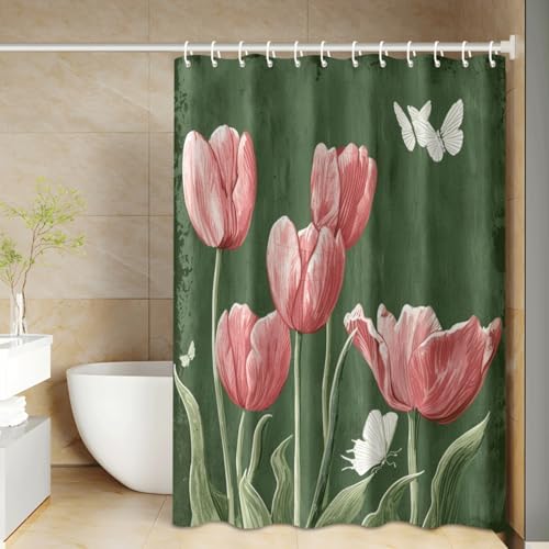 Rideau douche fleur verte anti éclaboussures en polyester imperméable lavable avec crochets - 5