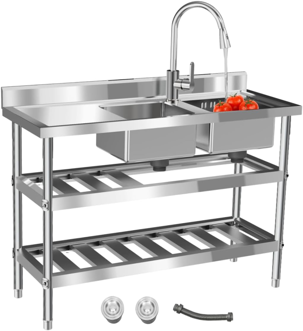 Double Bowl Kitchen Sinks, Stainless Steel Table with Sink Free-Standing Utility Sink Commercial Restaurant Sink with 3 Tier Storage and Pullable Faucet, 47" x 18" x 32"
