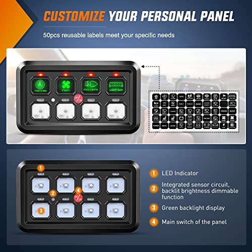 Image of Nilight 8 Gang Switch Panel System Circuit Control Relay System Fuse Wiring Harness Automatic Dimmable ON Off LED Switch Pod for 12V Cars Trucks Campers SUV, 2 Years Warranty | Universal Circuit Control Fuse Wiring Harness ON Off Green Backlit LED Pod for 12V Cars Trucks Boats Campers SUV