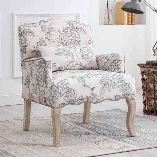 chairus Sillón de Salón Vintage Butaca Dormitorio con Almohada Lumbar, Sillón Lectura de Lino con Patas de Madera Silla de Ocio Individual para Sala de Estar/Hogar, Beige