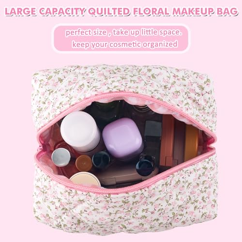 Quilted Makeup Bag Floral Large Cute Cosmetic Bag Cotton Puffy Makeup Organizer Coquette Travel Makeup Pouch Aesthetic Portable Zipper Toiletry Storage Bag for Women Girls (Pink)3