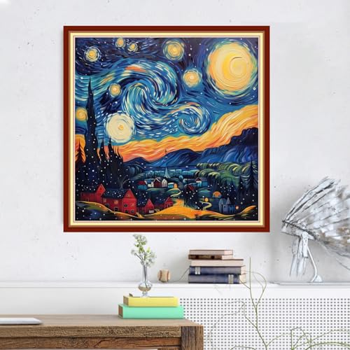 Image of Magxvouy Cross Stitch Kits Stamped Full Range of Embroidery Kits,Cross Stitch Patterns Needlework Kits for Beginners 11CT Printed Kits&Van Gogh Starry Sky 18x18 inch