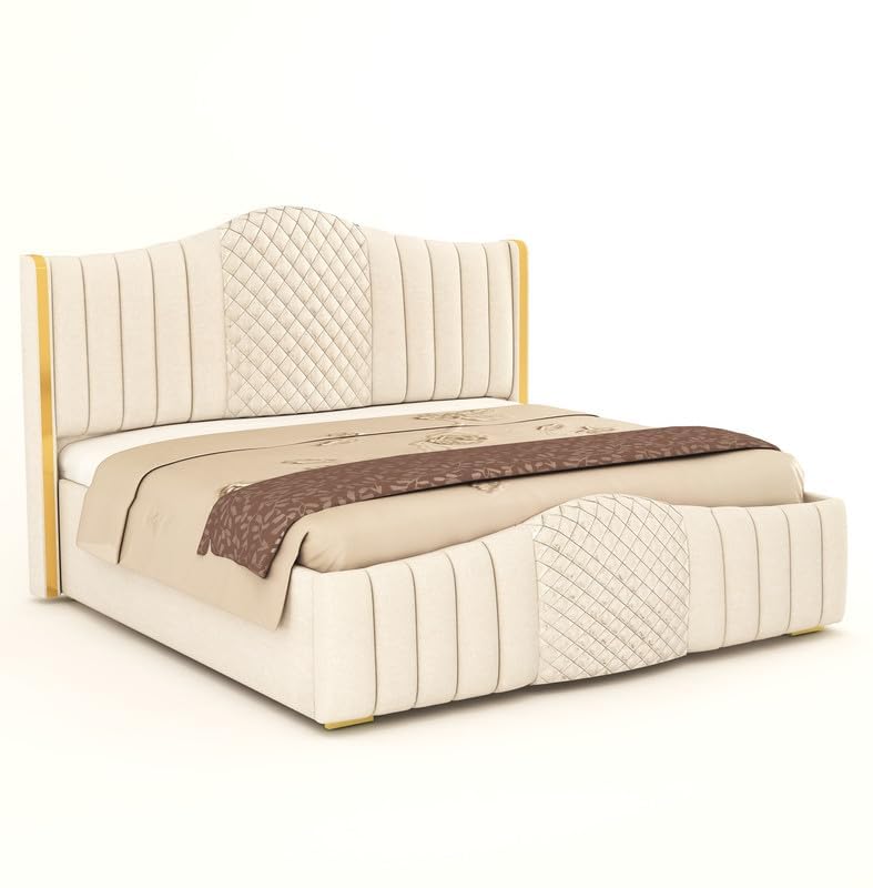 Image of King Size Modern Upholstered Bed with Box Storage for Bedroom | Solid Wood Platform Bed with Premium Fabric Headboard | Storage Double Bed for Master Bedroom & Modern Home Decor | Beige