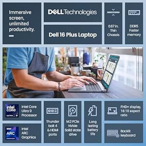 Dell 16 Plus Laptop Touchscreen Computer for Gaming & AI, 16" FHD+ Touch Screen Business Laptop PC, Intel Core Ultra 9, 32GB DDR5 1TB SSD, Windows 11 Pro|Backlit 10-Key|Wi-Fi 7|Thunderbolt|HDMI|FP — photo 2 of 6