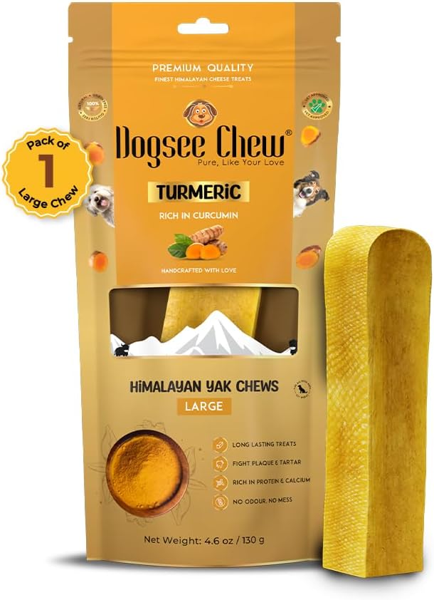 Himalayan Yak Milk Dog Chews with Turmeric (Large - 1 Chew) - 130g | Help Alleviate Joint Pain | No Rawhide | Calming Dental Chews for Dogs