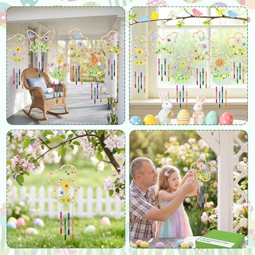 HGRGHH 12 Stück Ostern Deko Windspiel Bastelset Kinder, Holz Frühlingsdeko zum Aufhängen, Ostereier Osterhase Klangspiel Basteln zum Bemalen, Blumen, Schmetterlinge, Osterdeko für Mädchen Jungen