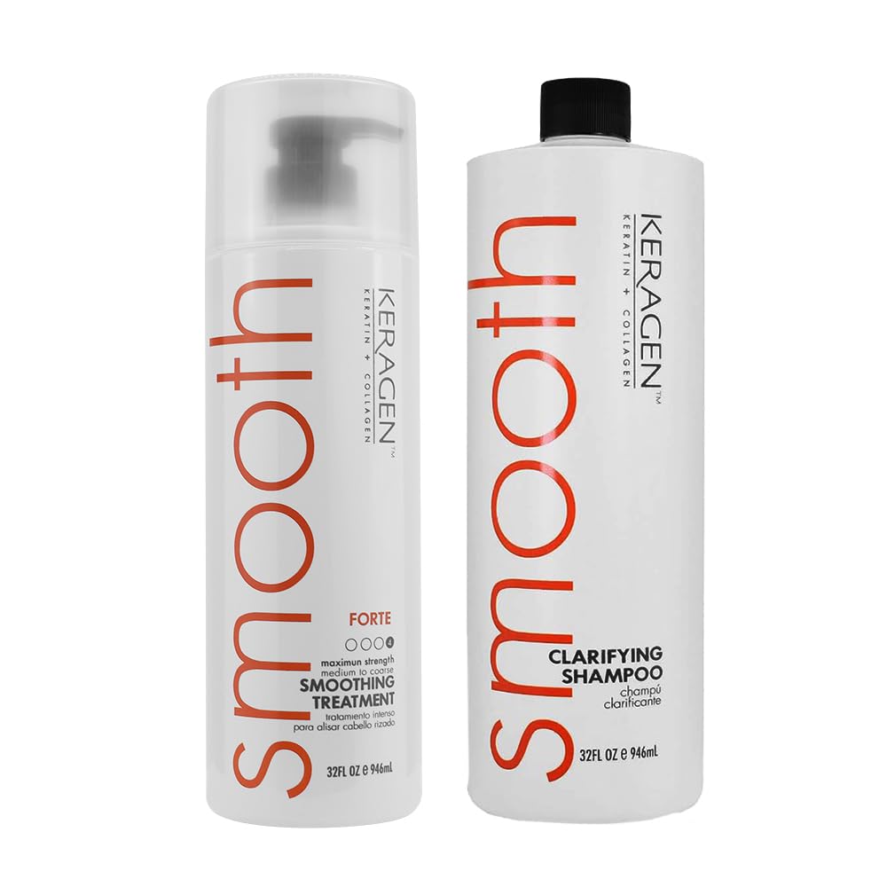 KERAGENHair Duo: Brazilian Keratin Smoothing Treatment (32 Oz) + Clarifying Shampoo (32 oz) - Forte Formula for Dry, Damaged Hair, Sulfate-Free, Eliminates Curls, Frizz