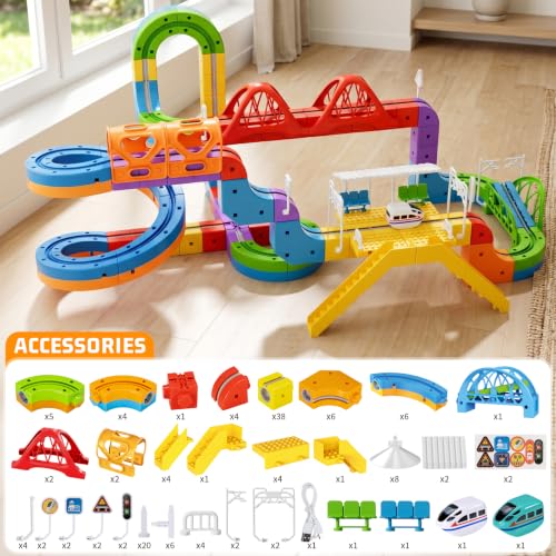 Image of 135 pcs KlickRail Electric Train Set Race Track for 3 4 5 6 7 8 Years Old | Building Toy Train Track Gravity-Defying 3D Embedded Layouts & Motorized Car, STEM Gift(Premium Set(135 piece)