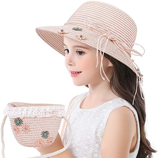 Bienvenu Girls Sun Hat Set Straw Hats for Kids Beach Hat with Shoulder Bag
