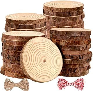 ZEONHAK 40 PCS 9-10cm Craft Wood Slices, Log Wooden Circles with Hole Hanging Rope, Unfinished Pine Wood Slices for DIY, Wedding Decorations, Christmas Ornaments, Art